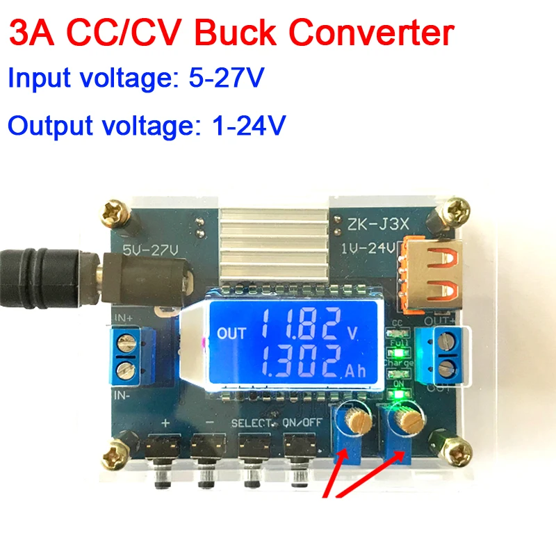 DC понижающий преобразователь 3A CC CV Регулируемый Модуль питания 3 В 5 6 в 9 12 24 с