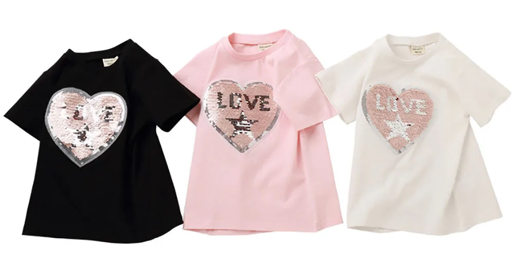 Love Heart Magic Discoloration Sequins Children T-shirt Boy Girls Short Sleeve Sequin Reversible T shirt Baby Cotton Tops | Детская