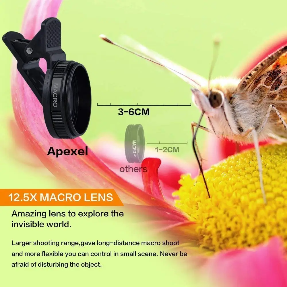 0.45x широкоугольный объектив и 12.5x макрообъектив Apexel Professional HD телефон объектив камеры комплект для iPhone 10 X Samsung S6 S5 Note 4 3