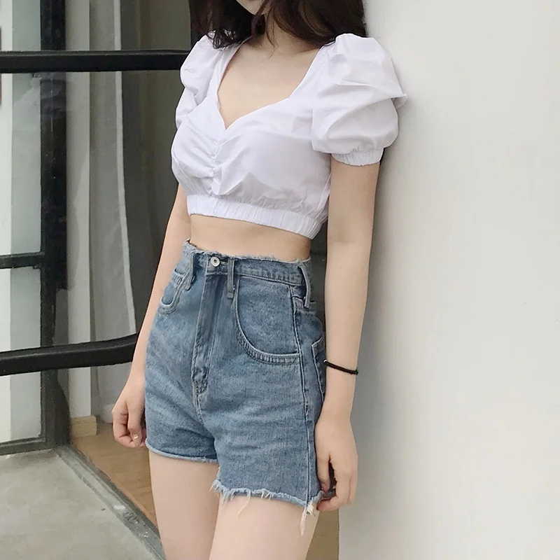 

Summer Square Collar Fashion Sexy Club Style Brand Women Fashion Blouses Puff Sleeve White Crop Top Blusas Sexy Crop 903-B246