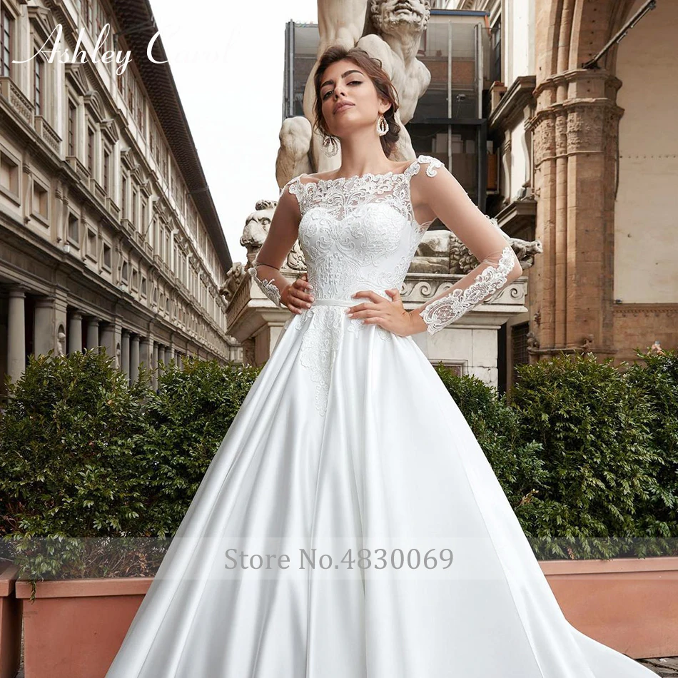 Ashley Carol Elegant Boat Neck Soft Satin Long Sleeve Wedding Dress Lace Up Sweep Train Simple French Vintage Wedding Gowns