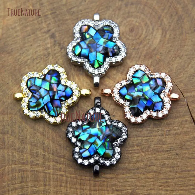 

New Design Shell Abalone Natural Pendant Micro Pave Clear Czech Zircon Flower Double Bail Connector In 17*23 mm PC10440