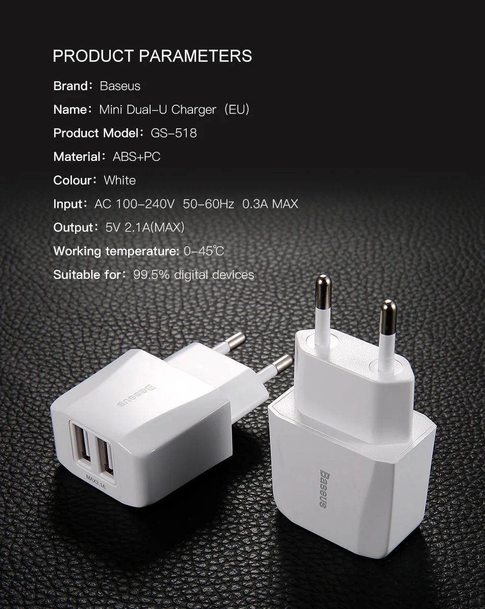 Baseus EU Plug 2.1A Max Dual USB быстрое зарядное устройство для iPhone зарядное устройство для samsung Xiaomi телефон зарядное устройство адаптер