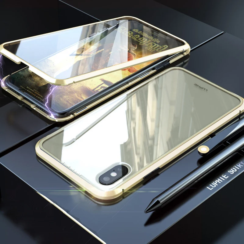 Double sided glass Magnetic case for iphone XS Max X 7 8 Plus Luxury metal 360 degree Full protection cover 6 Xr |