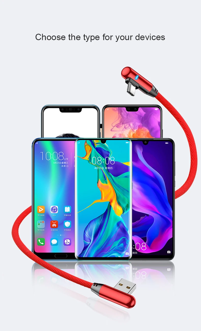 Светодиодный кабель usb type C на 90 градусов для iPhone Micro Quick Charge USB-C кабель для Xiaomi Redmi Note 7 для samsung S10 A50 Tipe-C