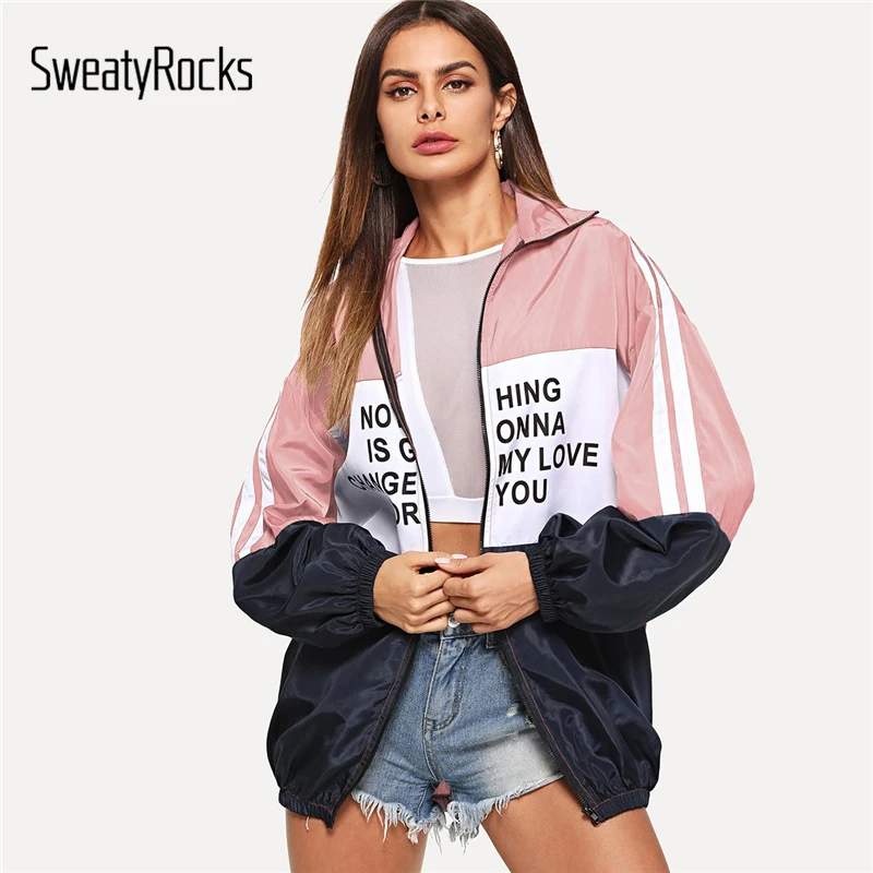 SweatyRocks Athleisure цветная ветровка на молнии с буквенным принтом модная разноцветная Женская Осенняя куртка на молнии