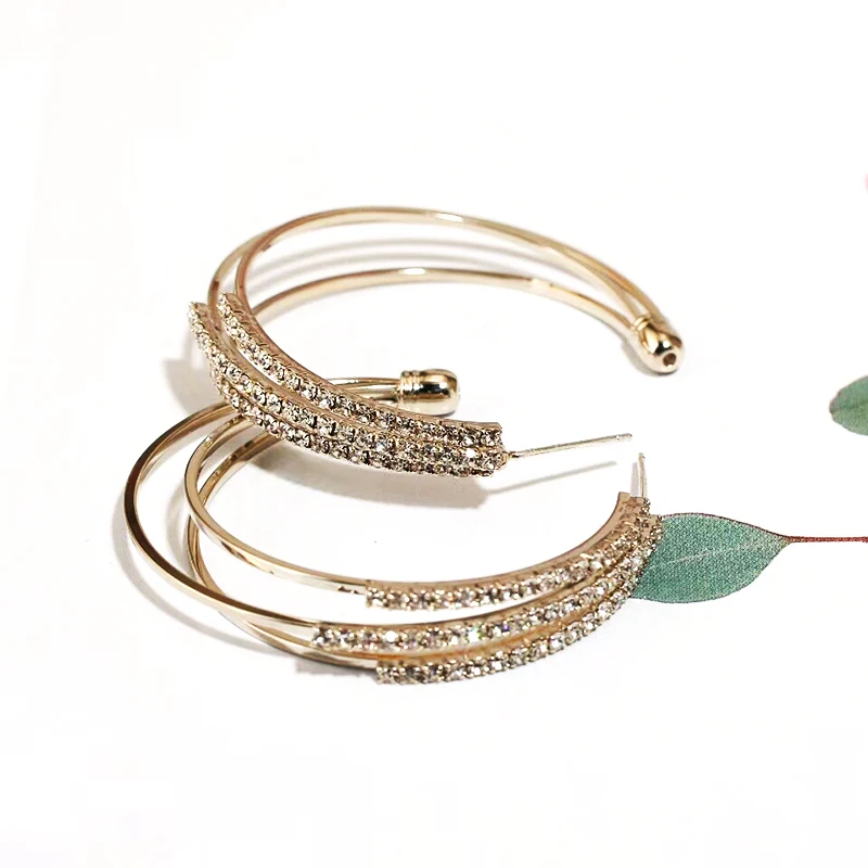 2019 Hyperbole Multilayer Big Round Hoop Earrings Shining Gold Silver Color Rhinestone Earring for Women Girl Wedding Party | Украшения и