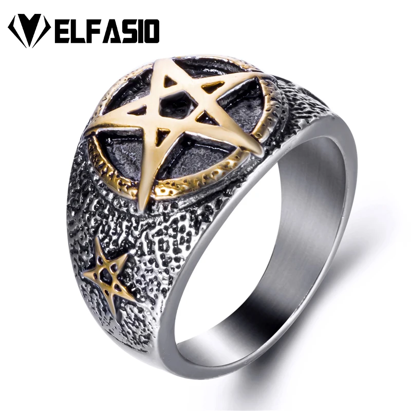 Elfasio Mens Pentagram Rings Devil star Stainless Steel Ring Silver Gold Vintage jewelry