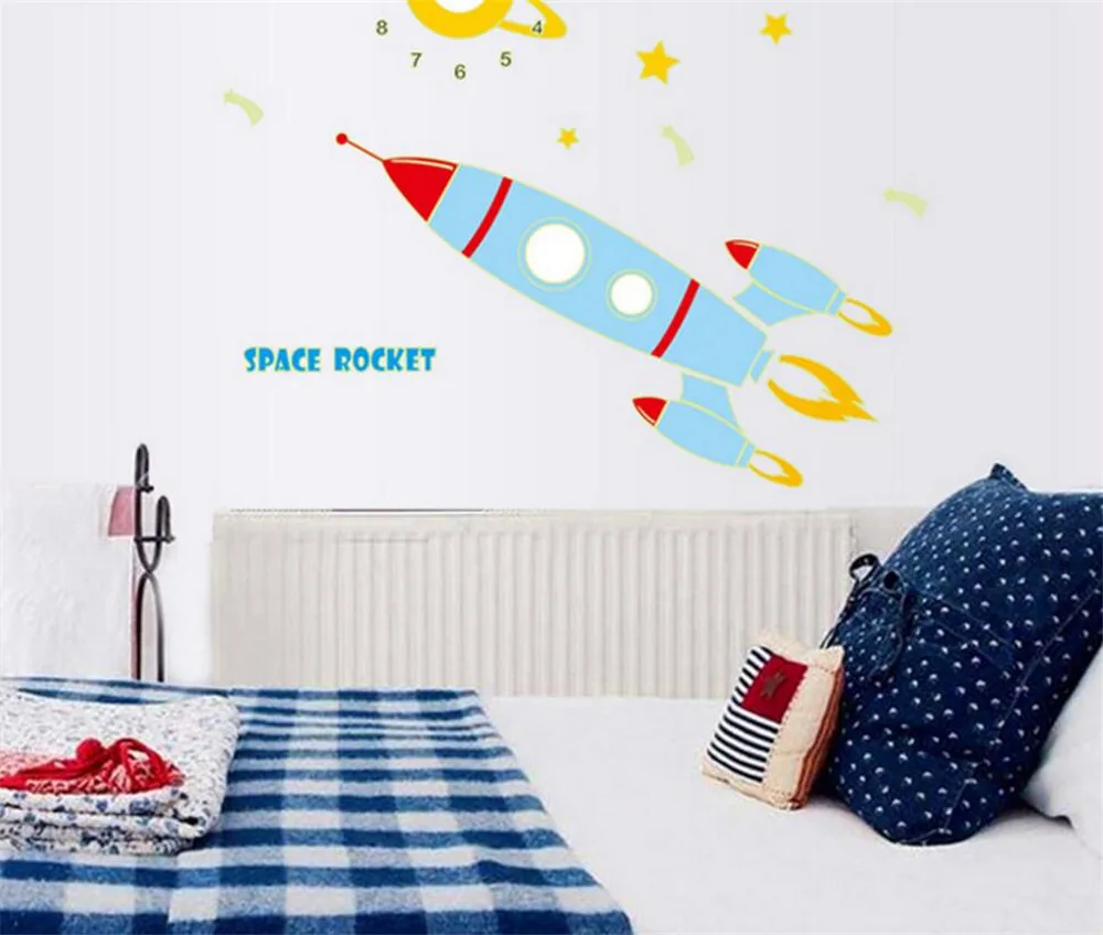 Фосфоресцирующие флуоресцентные настенные часы мультфильмы стикер космический