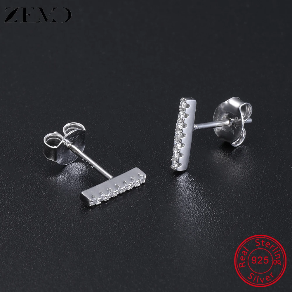 

ZEMO Real 925 Sterling Silver Flat Bar Stud Earrings For Women Small Clear Zircon Birthstone Double Studs Jewelry joyas de mujer