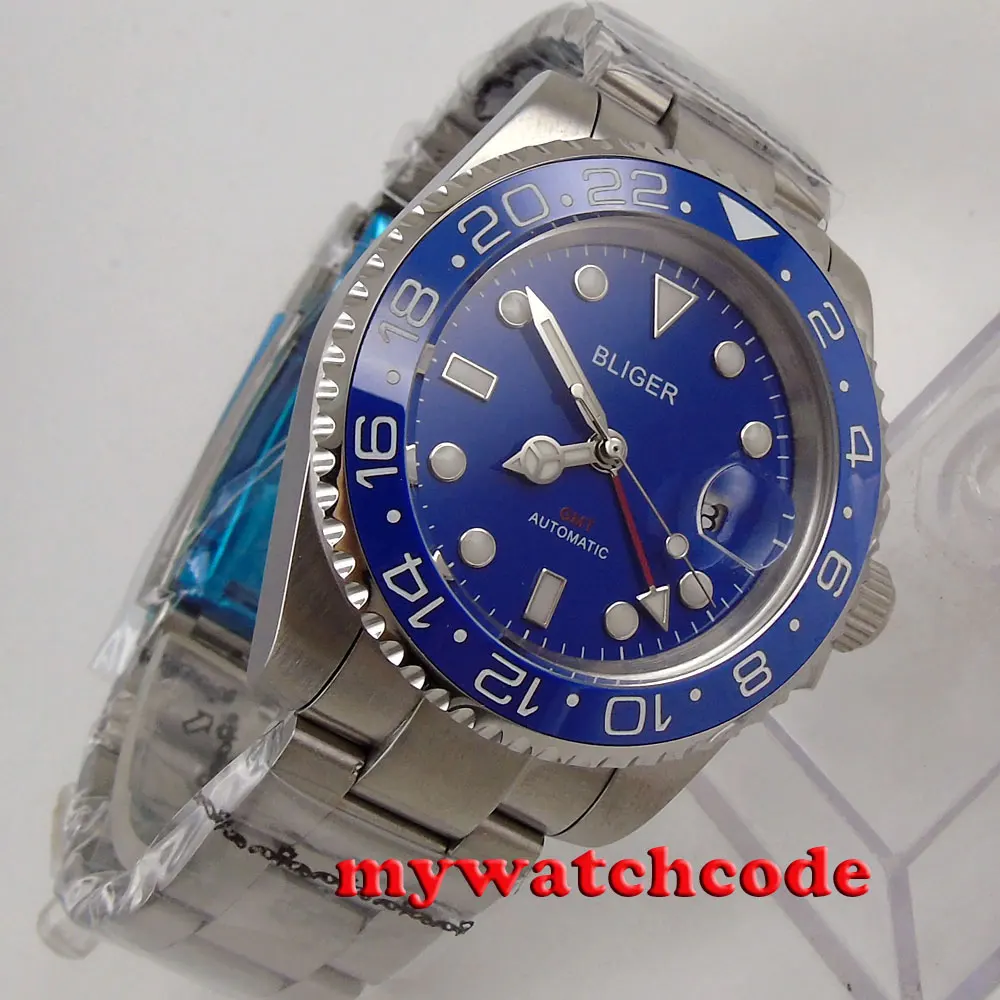 

40mm Bliger blue dial luminous marks GMT date sapphire glass automatic mens watch B181