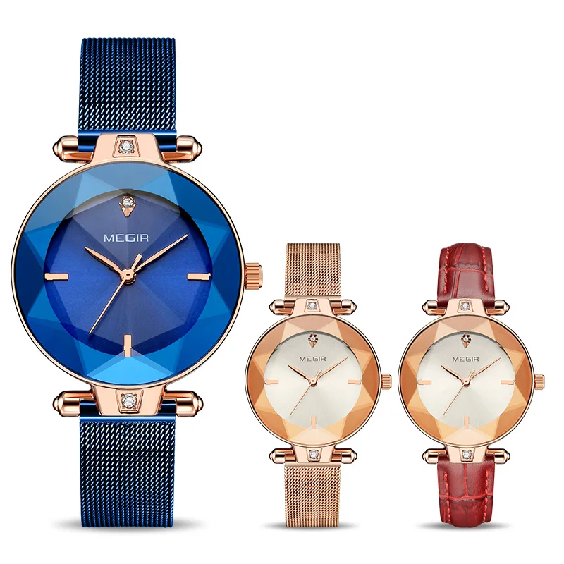 MEGIR роскошные женские часы Reloj Mujer синие сетчатые из нержавеющей стали элегантные