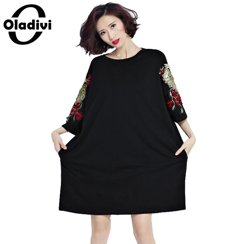 Oladivi размера плюс, женская одежда, платье с вышивкой, модные женские топы, футболки, туники, Женская Повседневная рубашка, платье, Vestidos, черное, 6XL