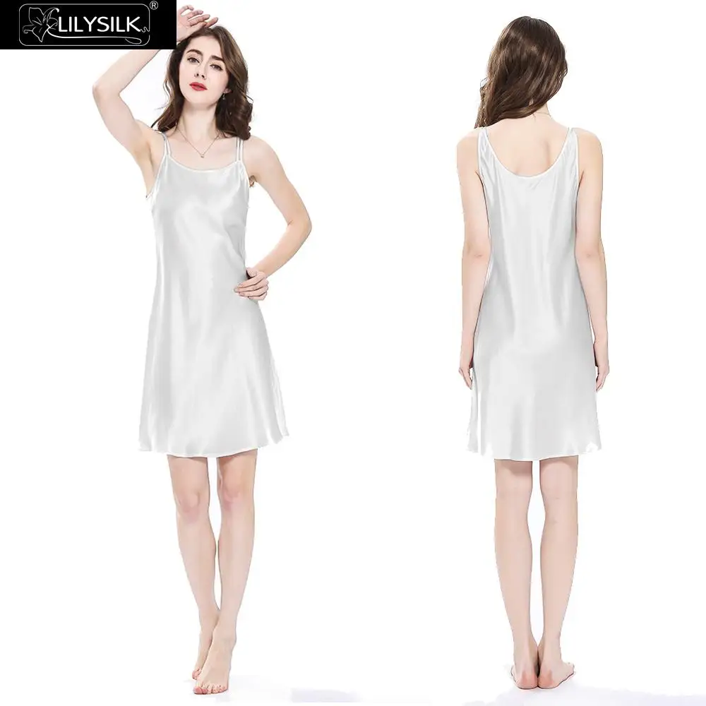 White LilySilk ночная рубашка для девочек, женская ночная рубашка, женское мини-платье с овальным вырезом, чистый 100 шелк, 22 momme, Роскошный натуральный - Цвет: White