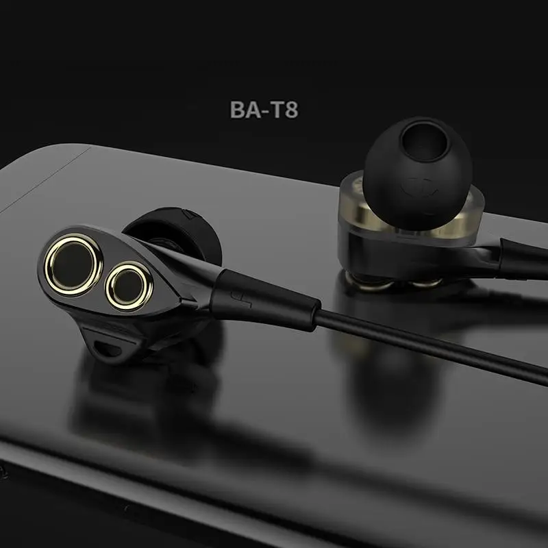 Наушники UiiSii BA-T8 с двумя динамическими динамиками, Hi-Fi, с супер басами, в ухо, с микрофоном, шумоподавлением, для Android и iphone