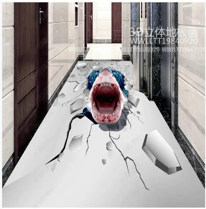 

WDBH Custom photo 3d PVC flooring Self-adhesive picture Marine shark big mouth teeth living room decor 3d wall murals wallpaper
