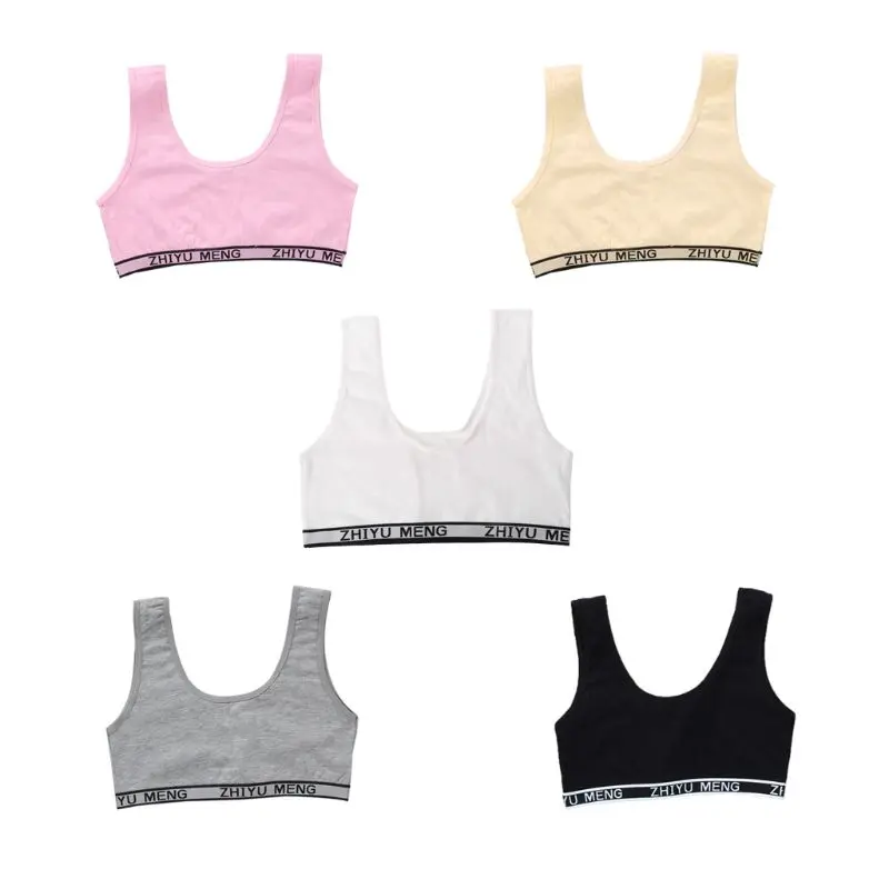 Детский хлопковый спортивный Спортивный бюстгальтер, однотонное нижнее белье с буквенным принтом, с глубоким вырезом, для девушек-подростков, безрукавка без косточек