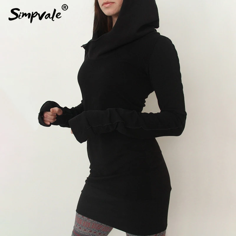 SIMPVALE/мини платье с длинным рукавом капюшоном отверстием на палец для женщин