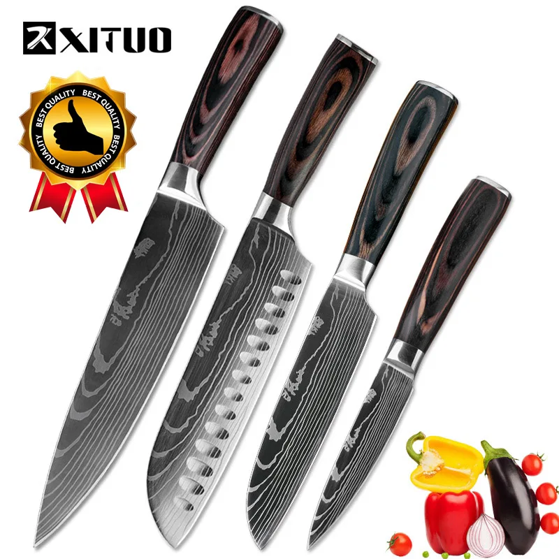 4PCS XITUO кухонные ножи из нержавеющей стали дамасский нож с лазерным узором Paka деревянная ручка фрукты овощи мясо инструменты для приготовления пищи аксессуары - Цвет: 4PCS