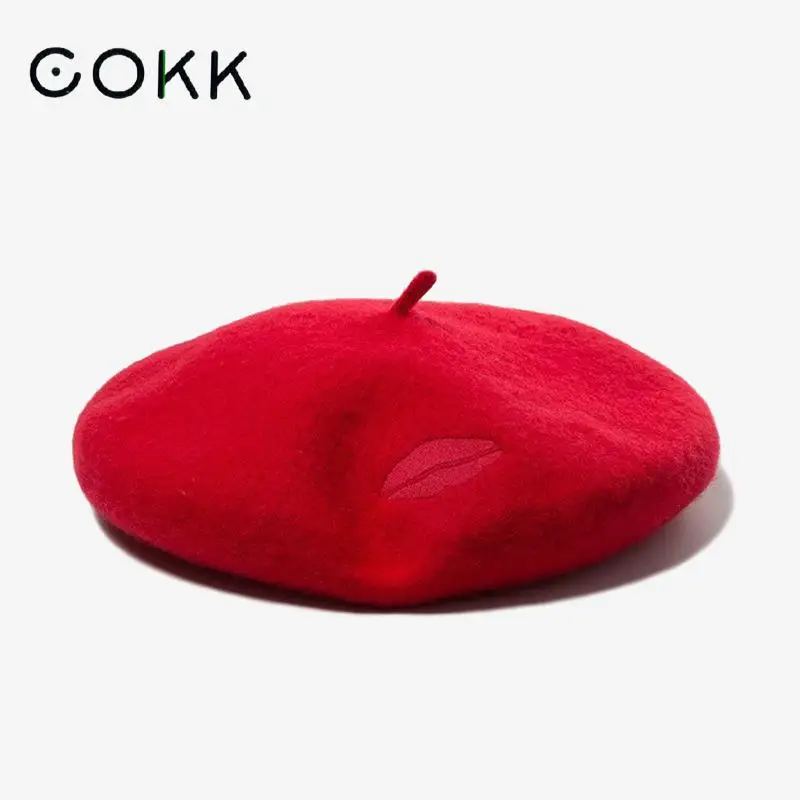 COKK берет из чистой шерсти Осень зима шапки для женщин вышитые красная помада Boina Feminina художника кепки Леди Теплый Gorras Bone