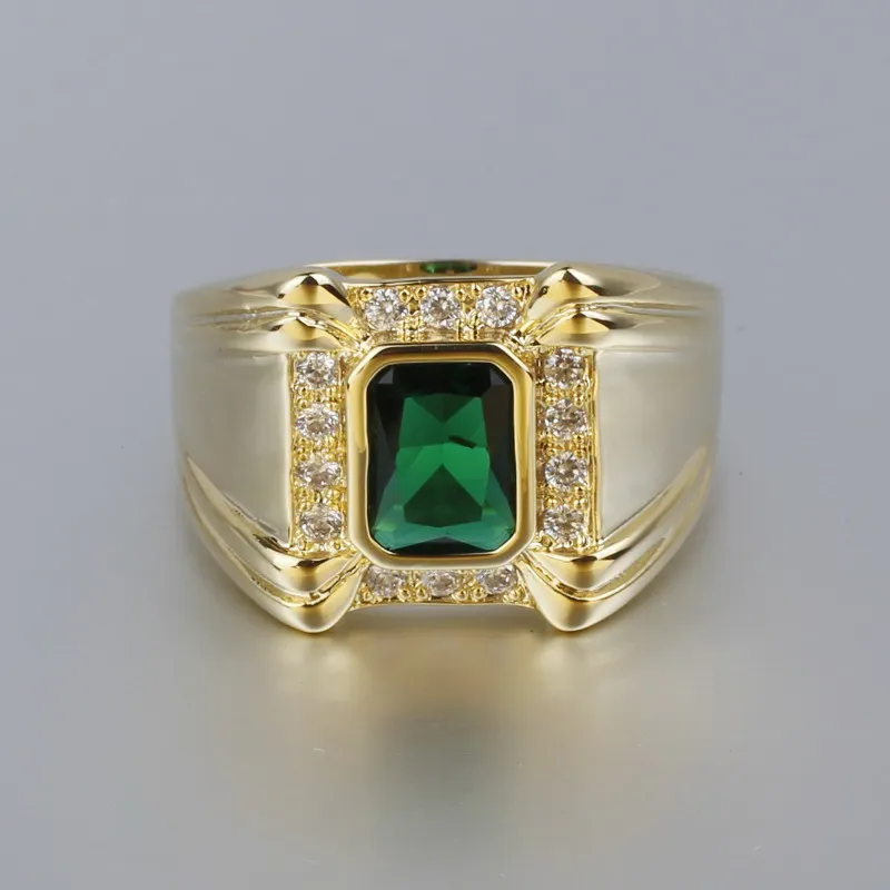 Green Emerald Золото Цвет твердого стерлингового серебра 925 кольцо Мужские 4-коготь продолговатые кубического циркония человек GFS R128 Размер 10, 11, 12, 13 лет - Цвет основного камня: Green Emerald