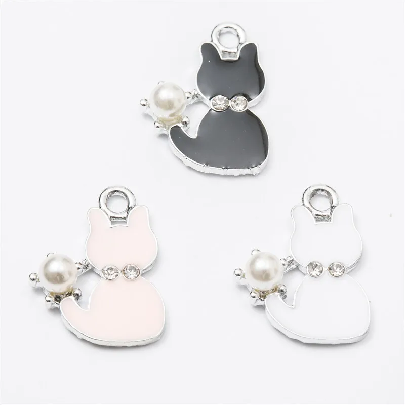 

40pcs Pearl cat crystal Enamel Alloy jewelry Headdress pendants for bracelet necklace DIY jewelry making js1296