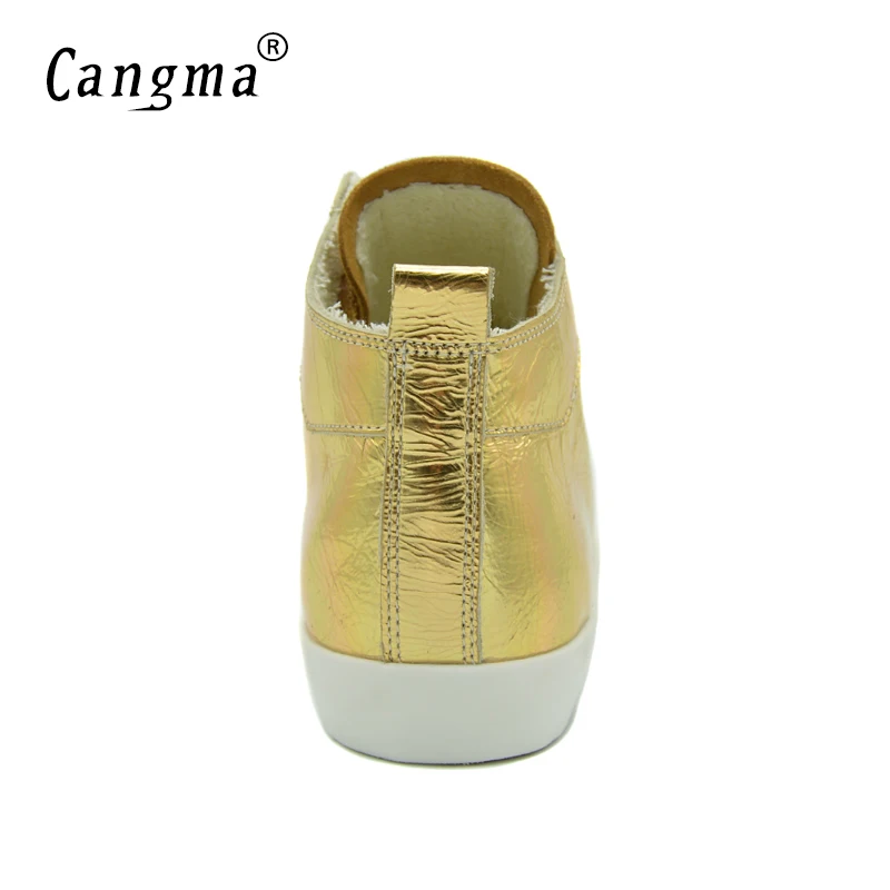 

CANGMA Famous Women's Shoes Handmade Platform Sneakers Gold Flats Patent Genuine Leather Shoes Mid Female Lace Up Footwear