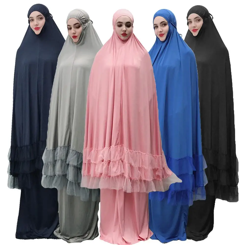 2 Piece Women Prayer Hijab Dress Dubai Muslim Khimar Jilbab Overhead Abaya Clothing Ramadan Skirt Kaftan Solid Color Set Islamic