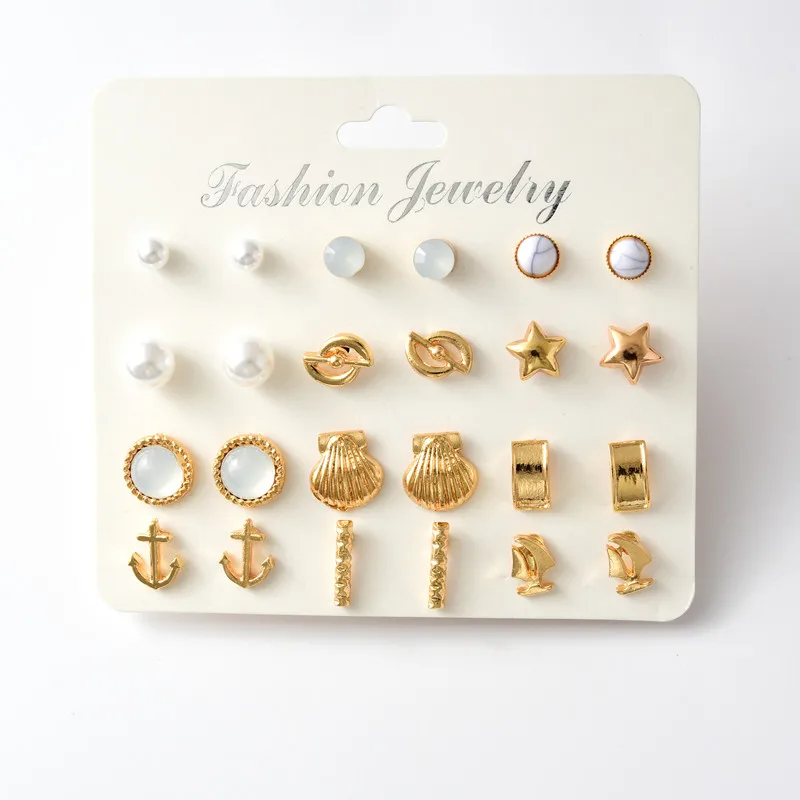 12 Pairs/Set Earring Trendy Gold Color Star Simulated Pearl Shell Statement Stud Earrings Set For Women 2018 New Arrival Jewelry | Украшения
