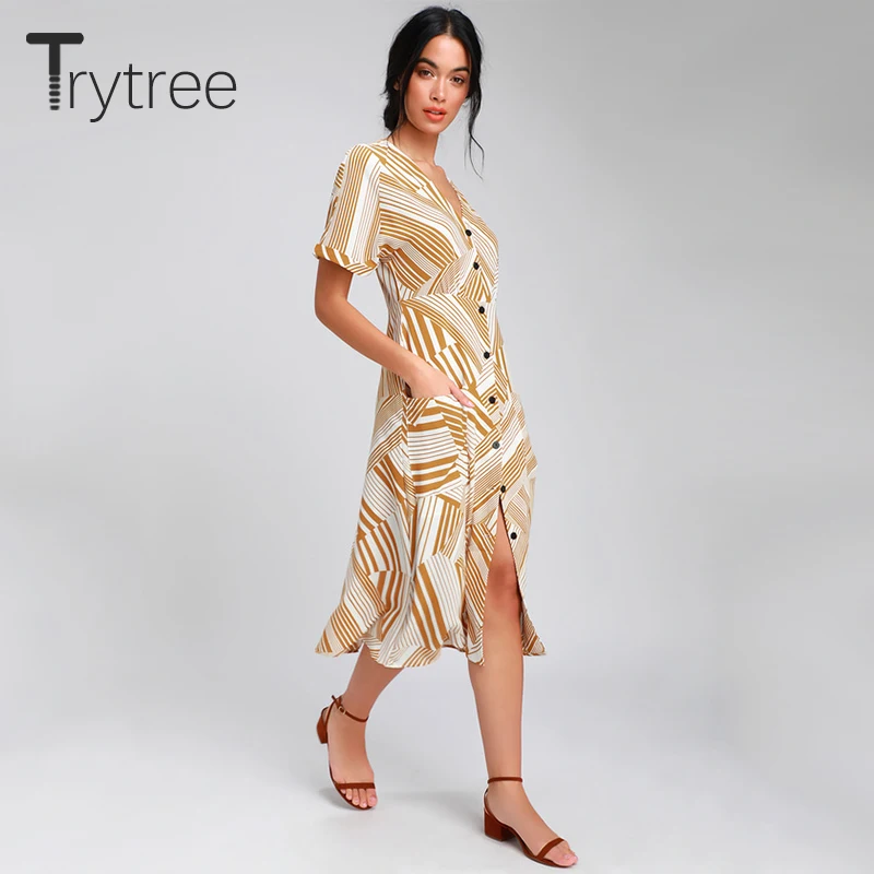 Trytree Лето Осень женское платье повседневное Полосатое с v образным вырезом