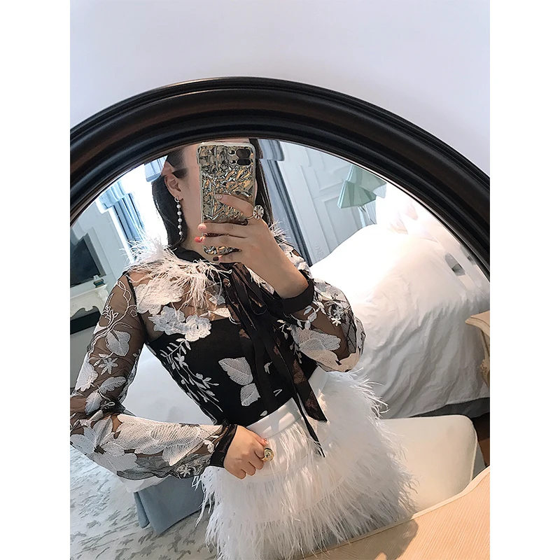 Женская кружевная блузка ALPHALMODA с перьевым вырезом и вышивкой на весну лето |