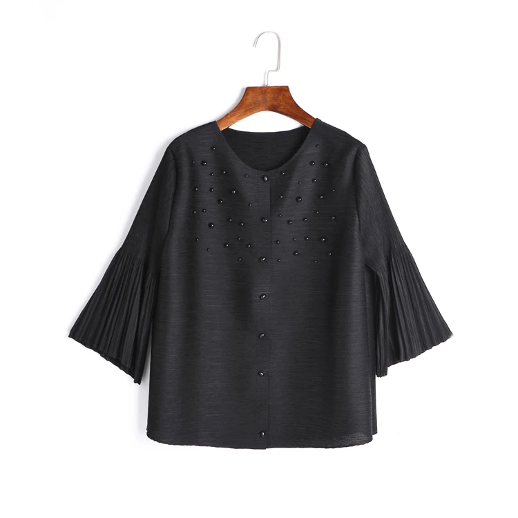 black Changpleat, дизайнерское Женское пальто с бусинами, плиссированное,, летнее, свободное, тонкое, одноцветное, с рукавом 3/4, короткая женская куртка размера плюс, верхняя одежда - Цвет: black