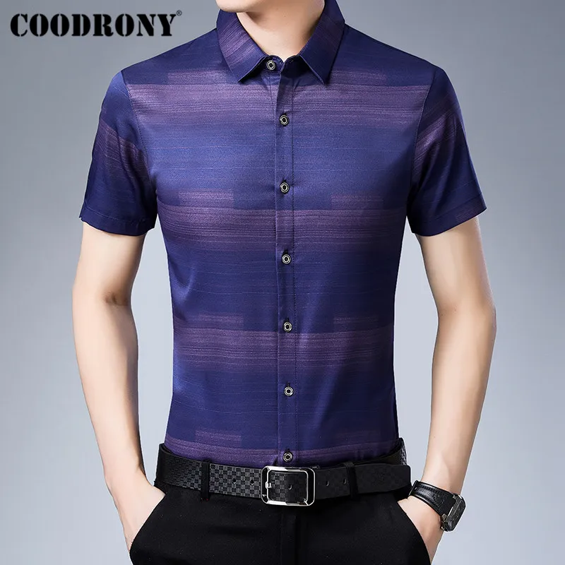 Тёмно-синий COODRONY Social деловые повседневные рубашки Camisa Masculina летняя крутая Мужская рубашка с коротким рукавом модная полосатая Мужская рубашка S96025 - Цвет: Тёмно-синий