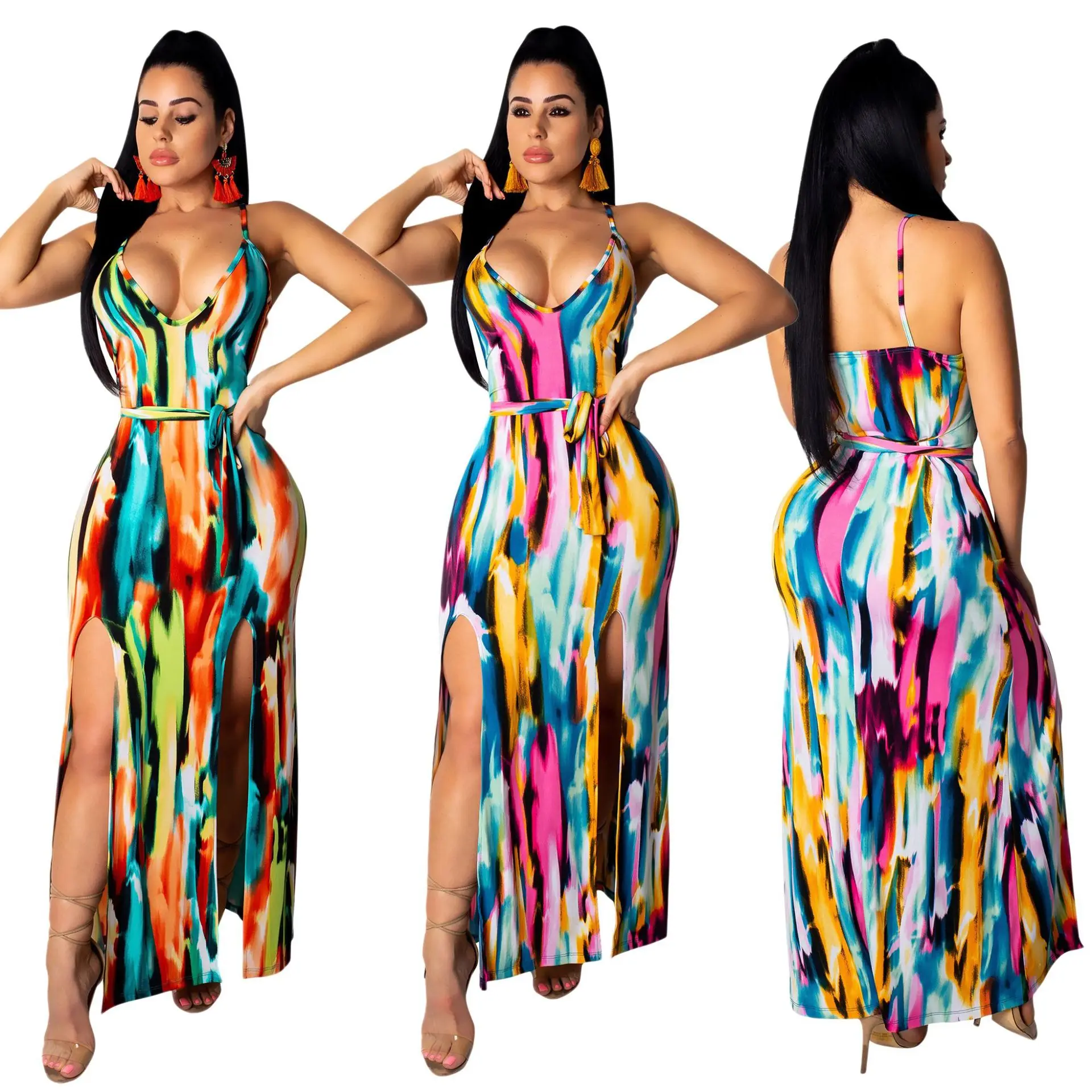 Spaghetti Strap Sexy Maxi Tie Dyed Print Dress With Sash Summer Double Side Slit Irregular Party Women Sleeveless Vestidos Женская