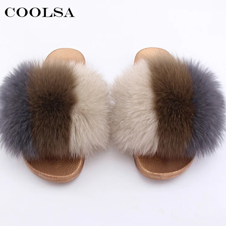 Golden-F Coolsa/летние женские шлепанцы из натурального Лисьего меха; пушистые разноцветные меховые шлепанцы; резиновая плоский без скольжения; домашние сандалии; женская плюшевая обувь - Цвет: Golden-F