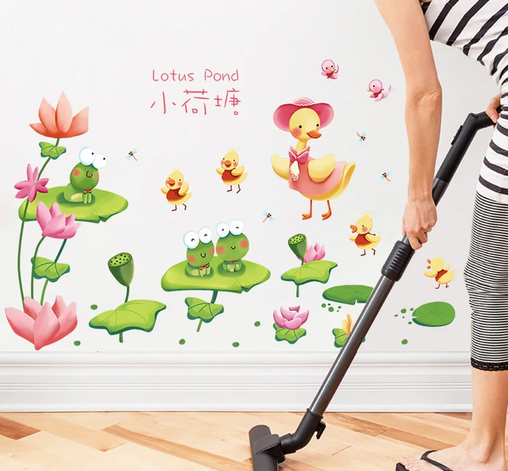 Наклейки на стену с зеленым прудом маленькие утки животные декор для детской