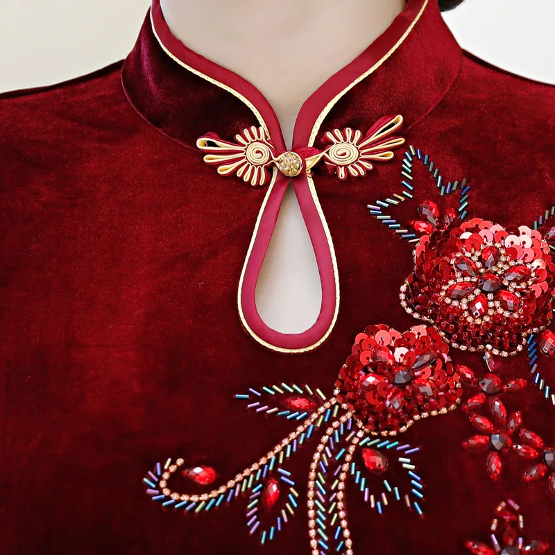 Женское бархатное вечернее платье Qipao с коротким рукавом и цветочной вышивкой
