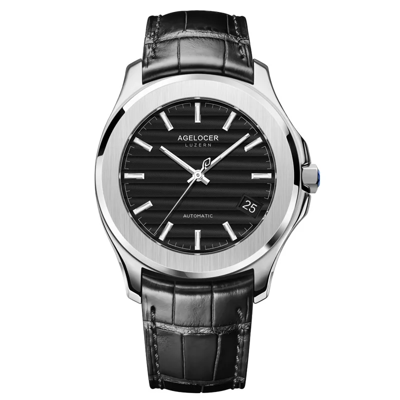 6302A1 Швейцарские мужские автоматические механические часы Swiss AGELOCER серебряные часы из нержавеющей стали модные мужские наручные часы s - Цвет: 6302A1