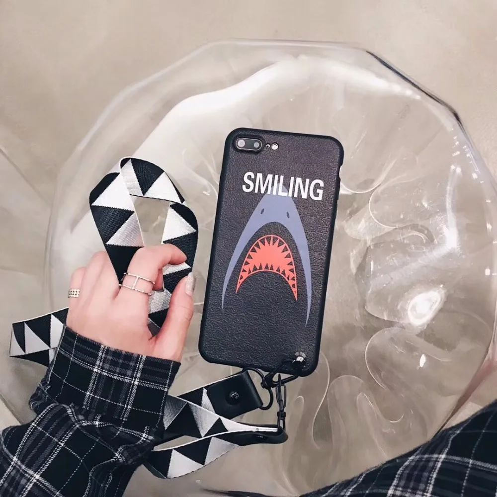 Super Cute Cartoon Shark Pattern With Same Lanyard Matte TPU Case Cover For Iphone6 6S 7 7S 8 6P 7P 8P X |