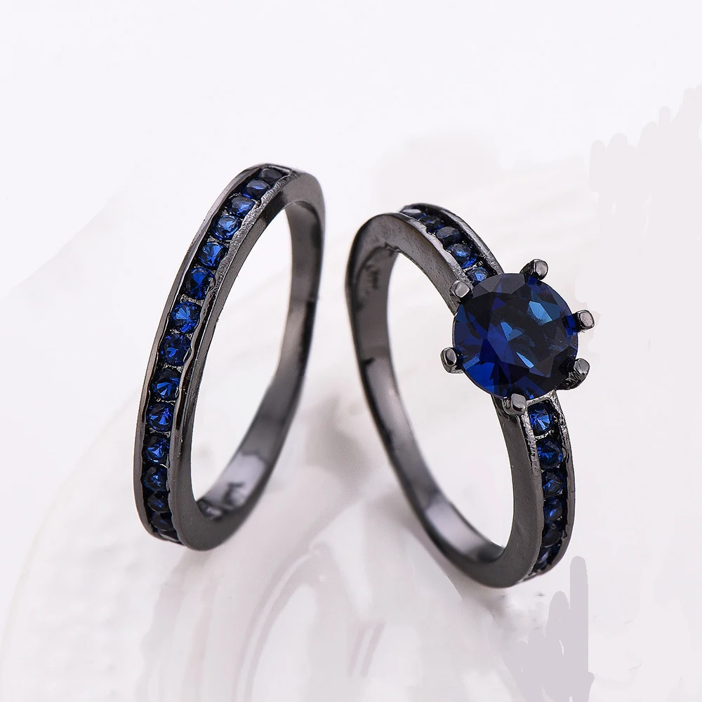New Women/Men Black gold filled Ring AAA Zircon Cz Blue Birthstone Party Lover Wedding Band Bridal Sets for women | Украшения и