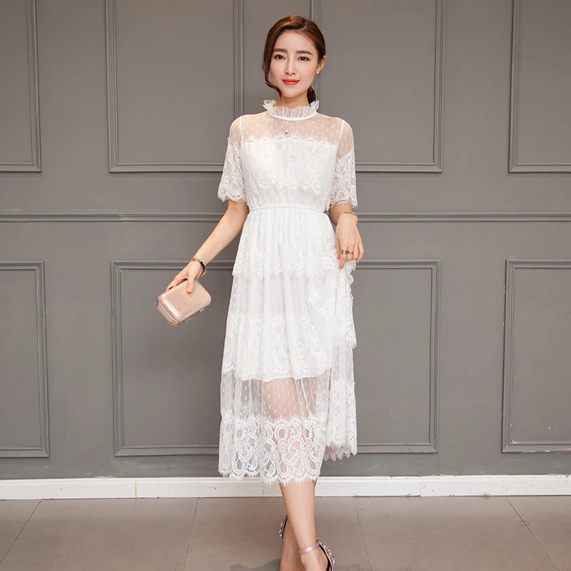 

2017 Women Long dress Lace High Slim Waist Big Pendulum Dresses White Black 956