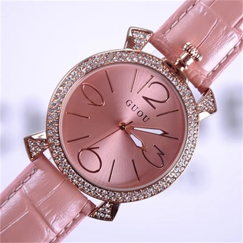 Женские кварцевые часы с ремешком из натуральной кожи со стразами|wristwatch brand|wristwatch