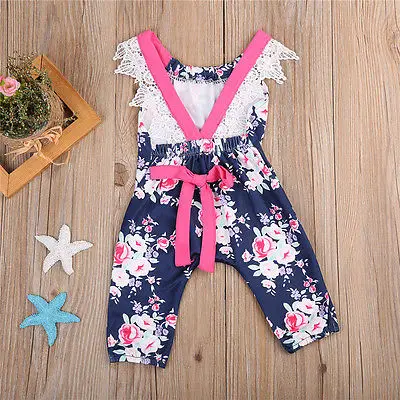 Летний детский комбинезон без рукавов с цветочным кружевом и открытой