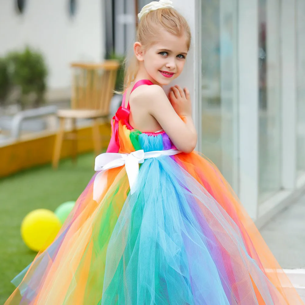 Rainbow Color Girls Long Tutu Dresses Kids Handmade Fluffy Tulle Tutus Ball Gown with Ribbon Waist Children Wedding Party Dress | Детская