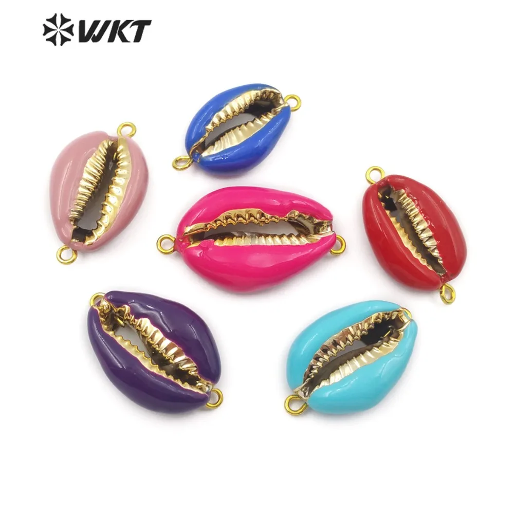 WT JP127 красочные Cowrie с Двойные обручи Разъем Золото & Смола масло Морская раковина