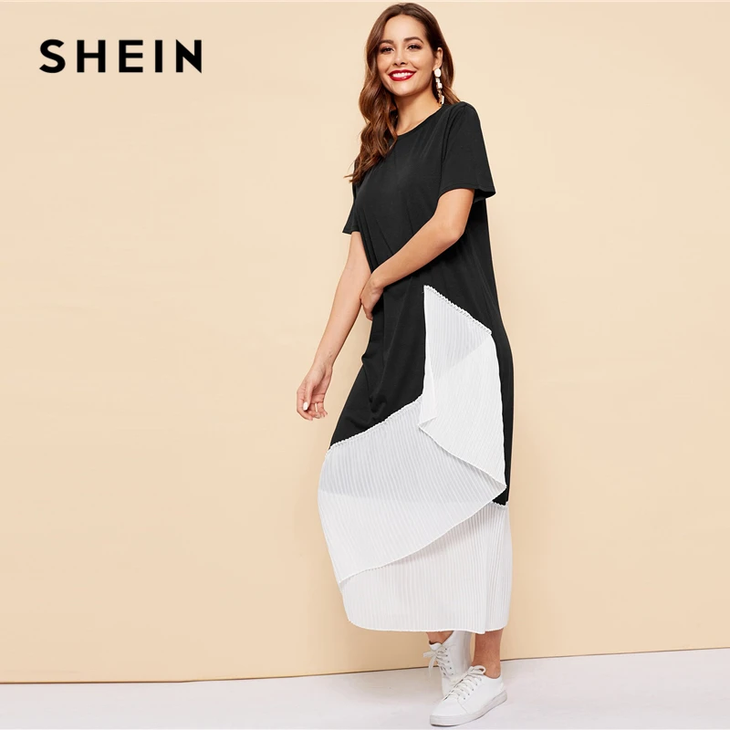 SHEIN Черное и белое Плиссированное длинное летнее скромное платье, женское весенне-летнее платье свободного кроя с цветными блоками