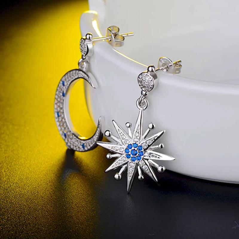 Copper CZ Star Moon Girls Asymmetric Drop Earrings New design personality lovely Charm Fashion Anti allergy Jewelry Accessory | Украшения и