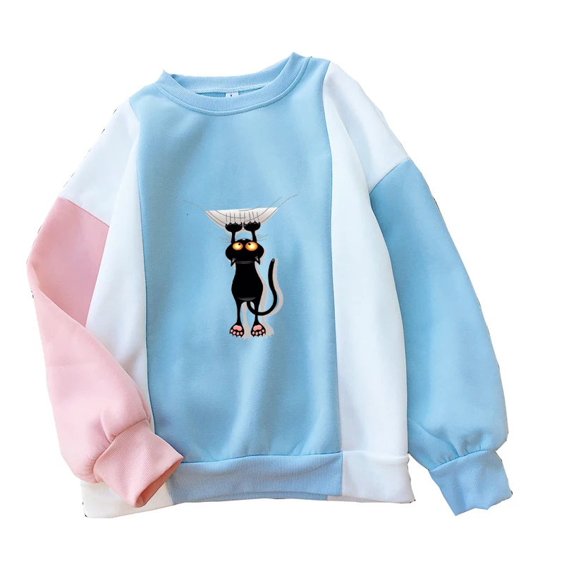 

2018 Autumn Winter Women Hoodies Casual Long Sleeve Loose Harajuku Kawaii Cartoon Black Cat Print Cute Splicing Thick Sweatshirt