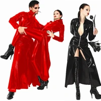 women men matrix long black wetlook leather coat cosplay red cape patent leather dj night club ds party shiny trench catsuit
