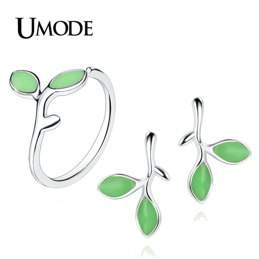 Женские серьги гвоздики с зелеными листьями UMODE открытым кольцом из белого